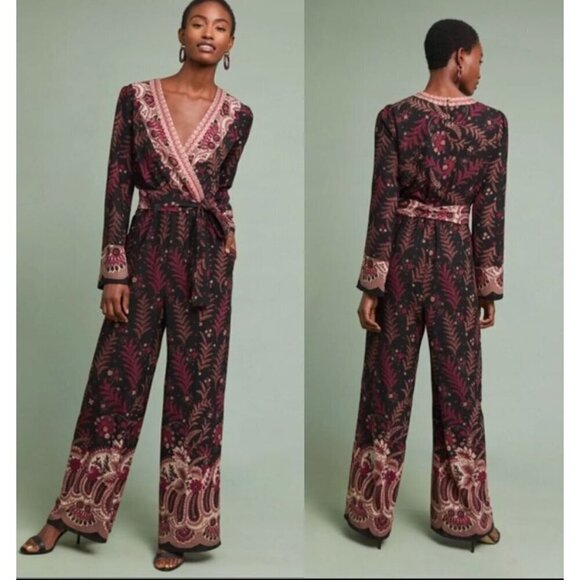 One September Jumpsuit XL Wide Leg Wrap Bodice Embroidered Black Burgundy Resort - Picture 3 of 12